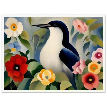 A serene painting of a black-and-white bird perched amidst colorful flowers, including red, yellow, and pink blooms, surrounded by lush green leaves.