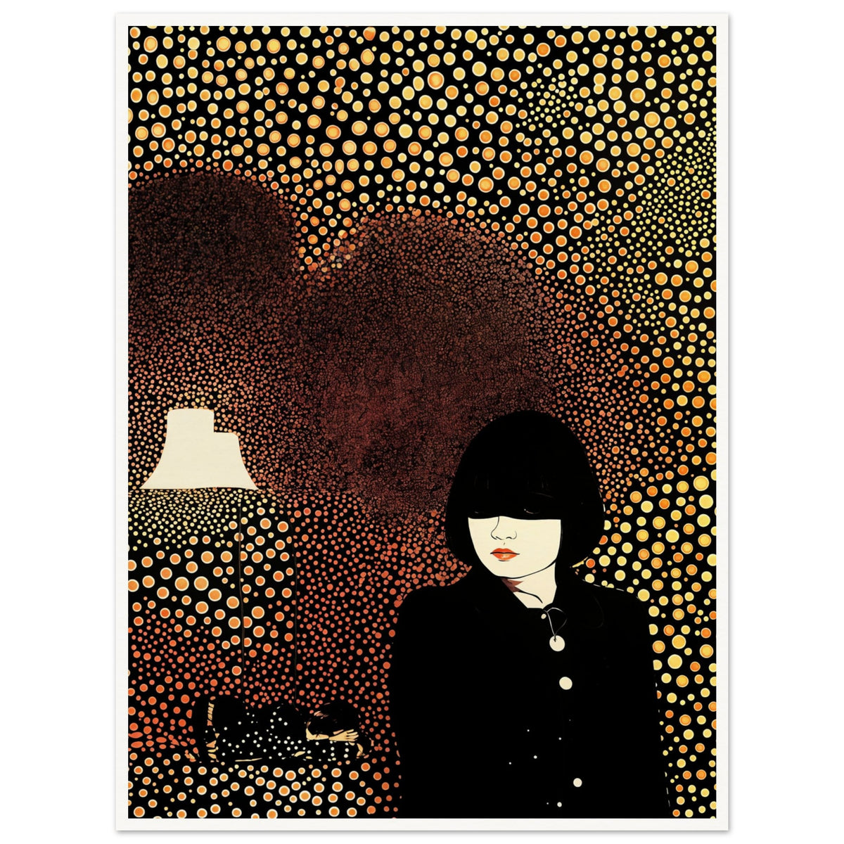 Artistic portrait of a woman in a black outfit surrounded by a background of golden circular patterns with a glowing lamp.