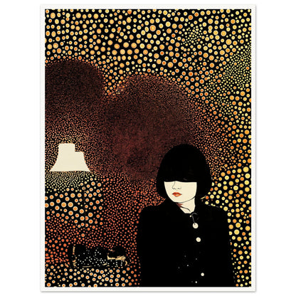Artistic portrait of a woman in a black outfit surrounded by a background of golden circular patterns with a glowing lamp.