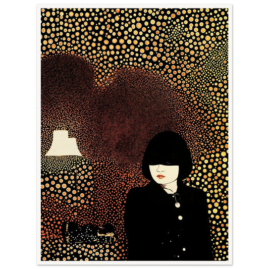 Artistic portrait of a woman in a black outfit surrounded by a background of golden circular patterns with a glowing lamp.