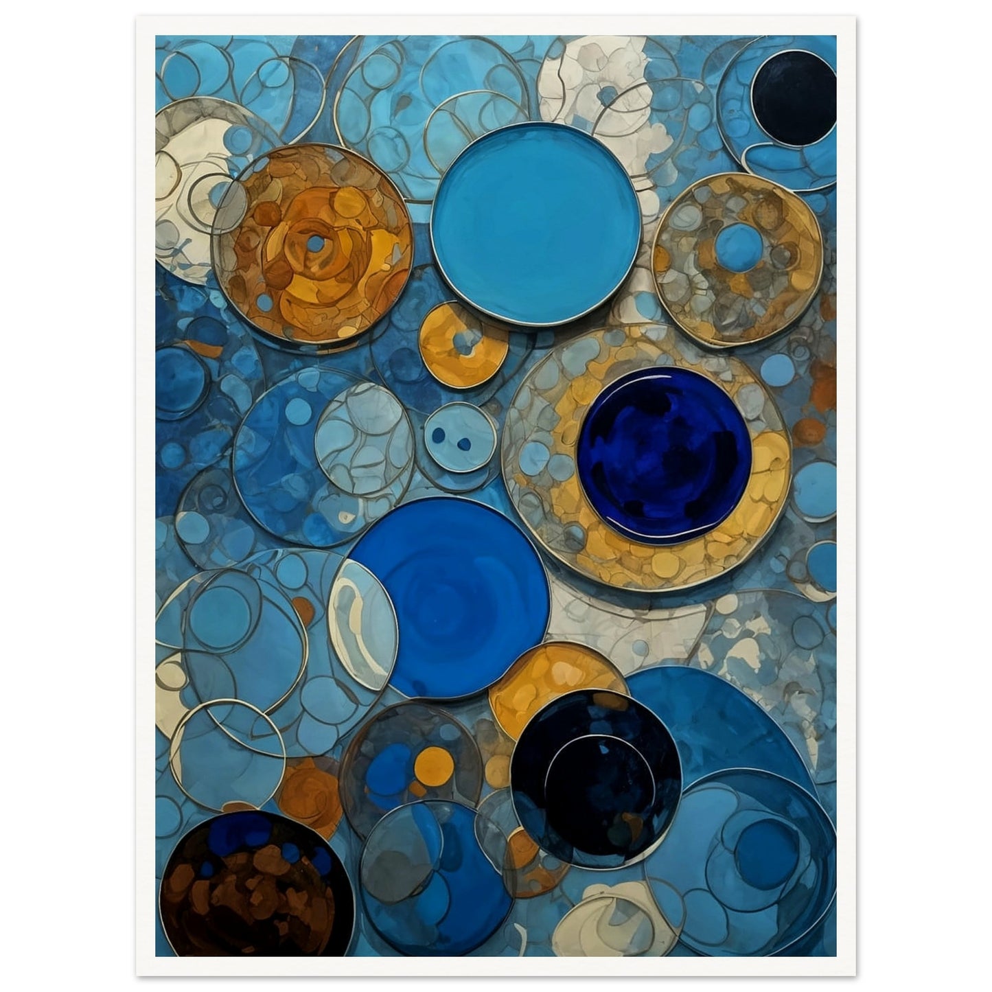 An abstract painting featuring various shades of blue and orange circular patterns overlapping in a dynamic composition.