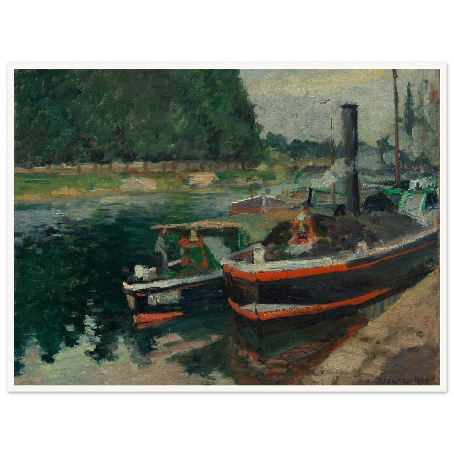 Steamboats dock along the river at Rouen with green trees reflected in the water