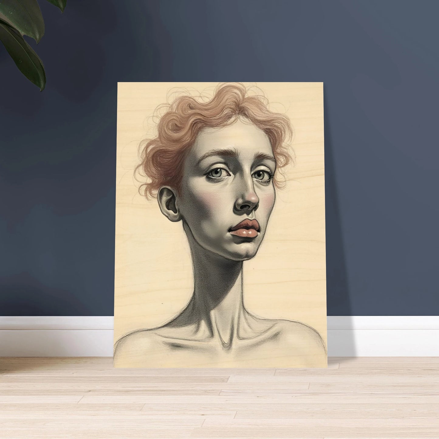 A detailed portrait of a woman with soft red curls, pale skin, and steady eyes, evoking grace and introspection.