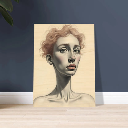 A detailed portrait of a woman with soft red curls, pale skin, and steady eyes, evoking grace and introspection.