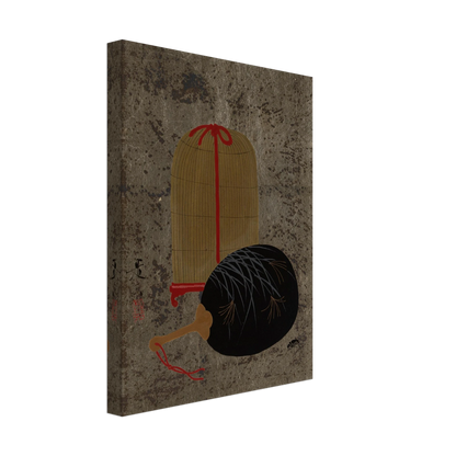 Japanese still life with a black fan and hanging insect cage on a textured gray ground