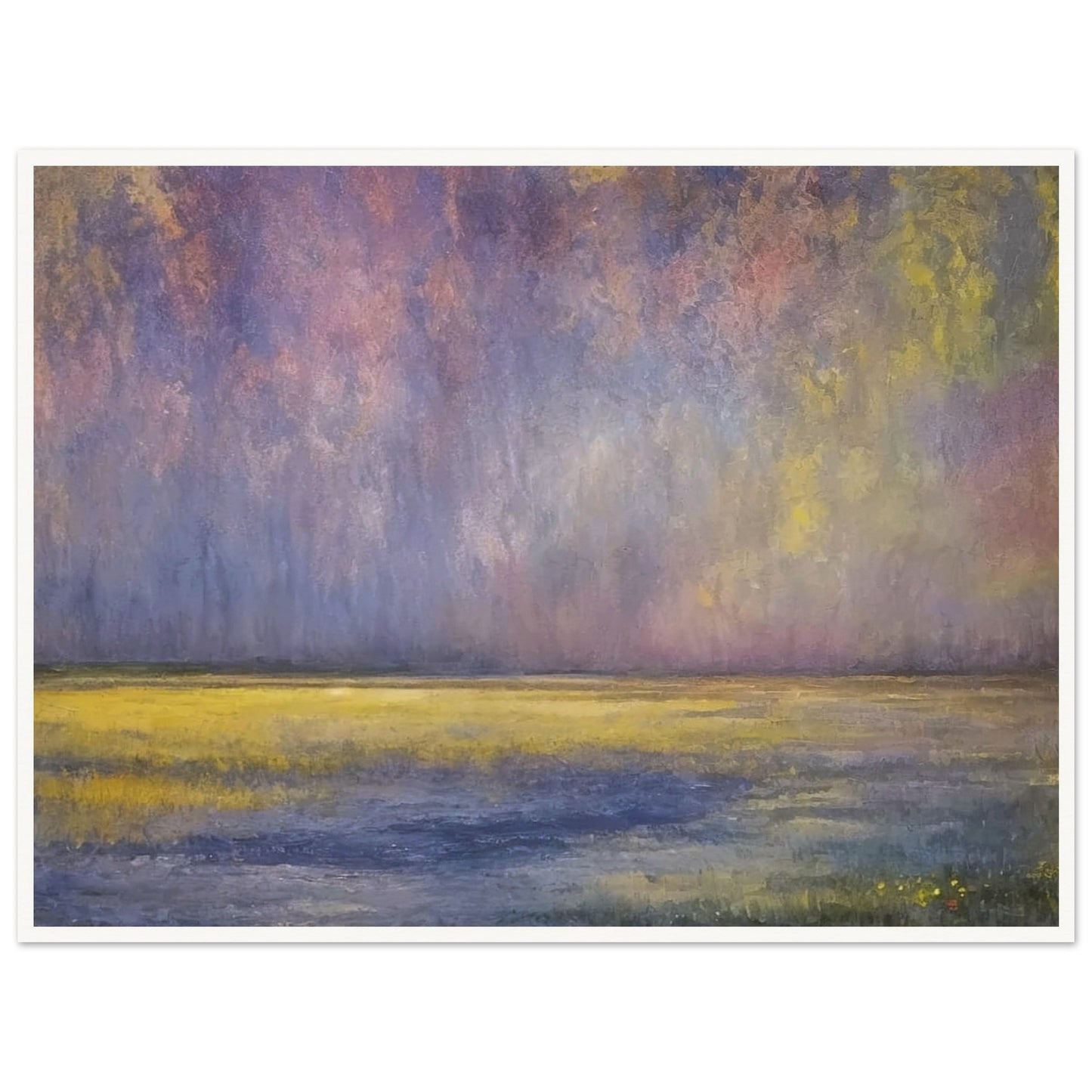 A serene landscape painting with a twilight sky filled with soft purple, pink, and yellow hues over a tranquil grassy field.