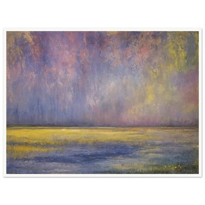 A serene landscape painting with a twilight sky filled with soft purple, pink, and yellow hues over a tranquil grassy field.