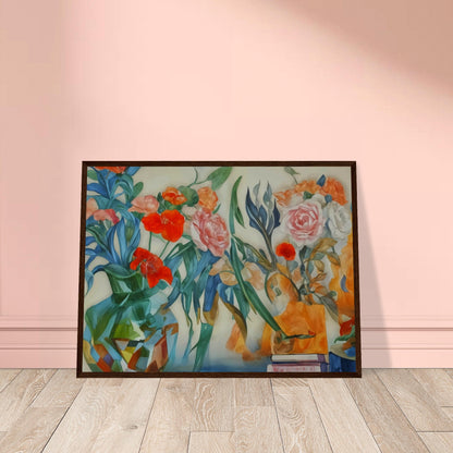 A lively painting of colorful flowers in vases, showcasing a blend of red, pink, and orange blossoms with lush green foliage.