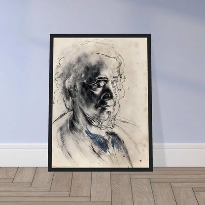 Charcoal portrait of an elderly man with deep shadows, loose lines, and a muted blue collar.
