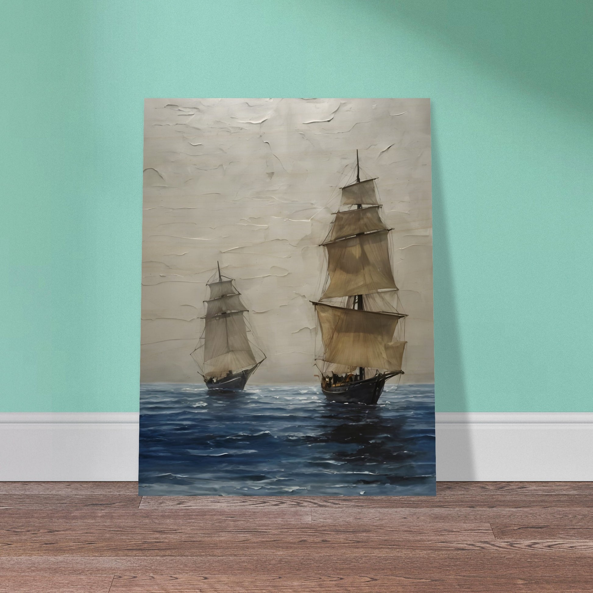 A captivating seascape featuring two tall ships with billowing sails drifting over deep blue waters, set against a textured, misty sky.