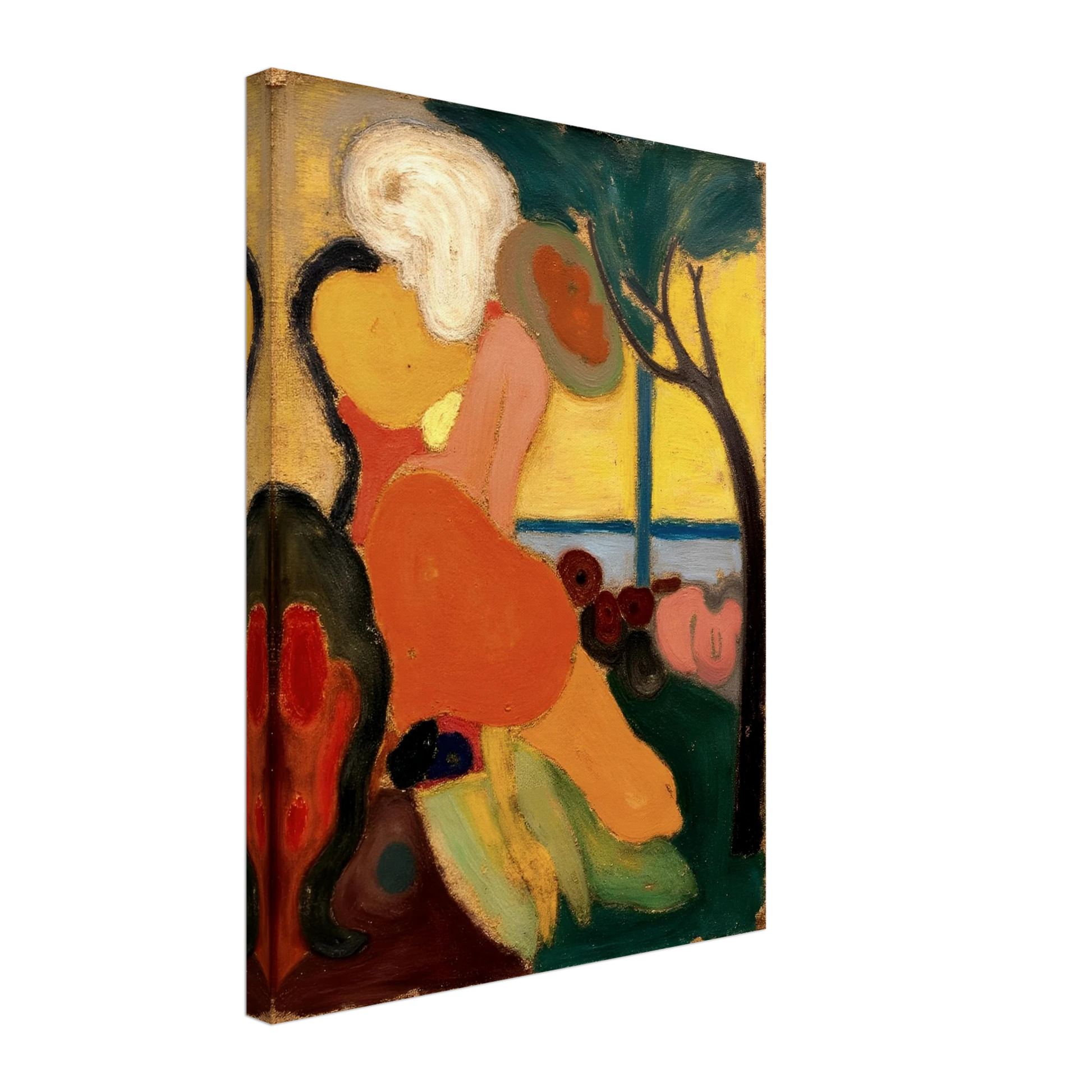 An expressive painting of two figures near the sea, surrounded by warm oranges, yellows, and greens under a gentle tree.