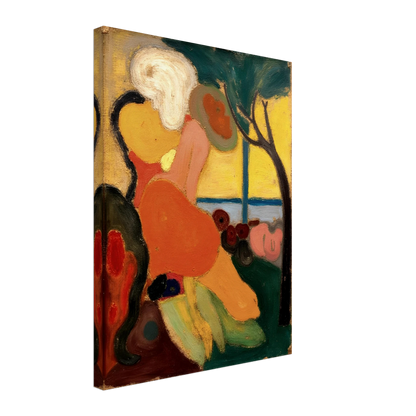 An expressive painting of two figures near the sea, surrounded by warm oranges, yellows, and greens under a gentle tree.