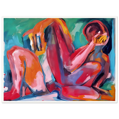 A vibrant abstract painting of a reclining figure, painted with bold strokes of red, pink, orange, and blue, evoking deep emotion.