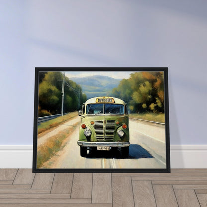 "A nostalgic painting of a vintage green bus traveling on a peaceful countryside road, surrounded by trees and distant hills."