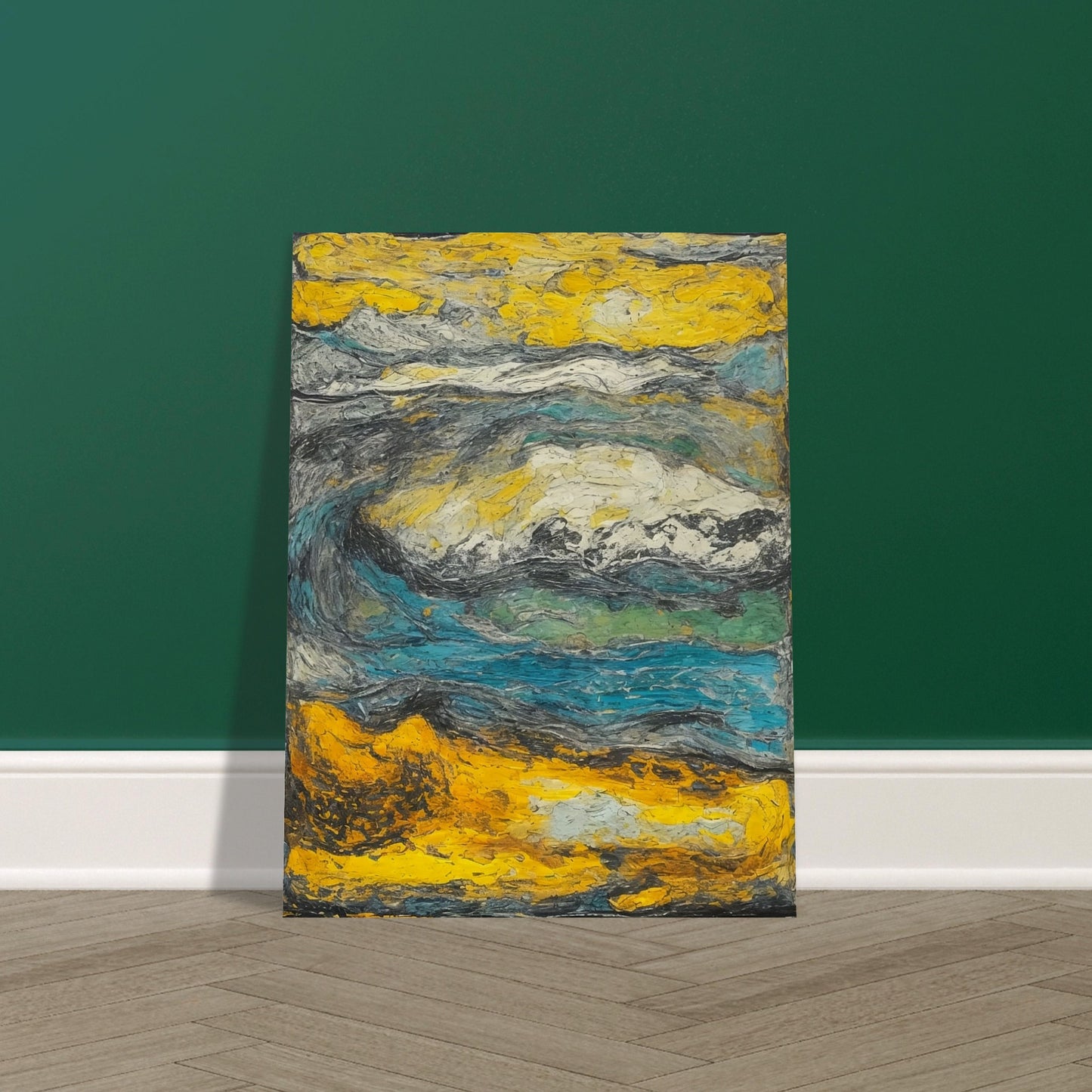 An expressive abstract painting capturing the essence of a stormy landscape with swirling colors and textures, predominantly in shades of yellow, blue, and gray. The dynamic movement and thick application of paint evoke a sense of turbulence and natural power.