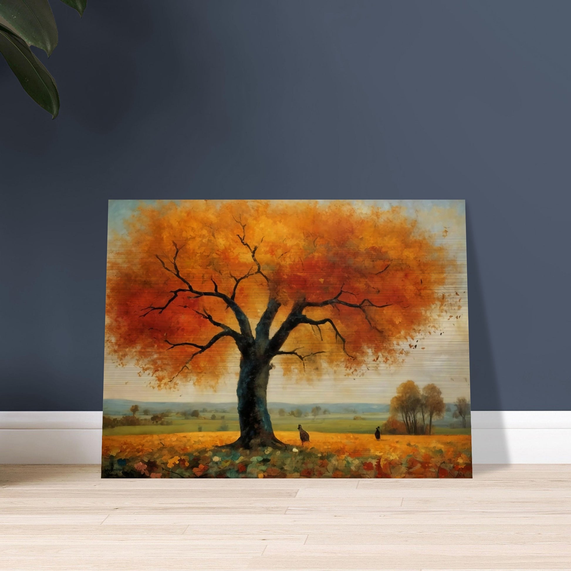 "A breathtaking landscape featuring a large tree with vibrant orange and yellow autumn leaves, set against a tranquil countryside."