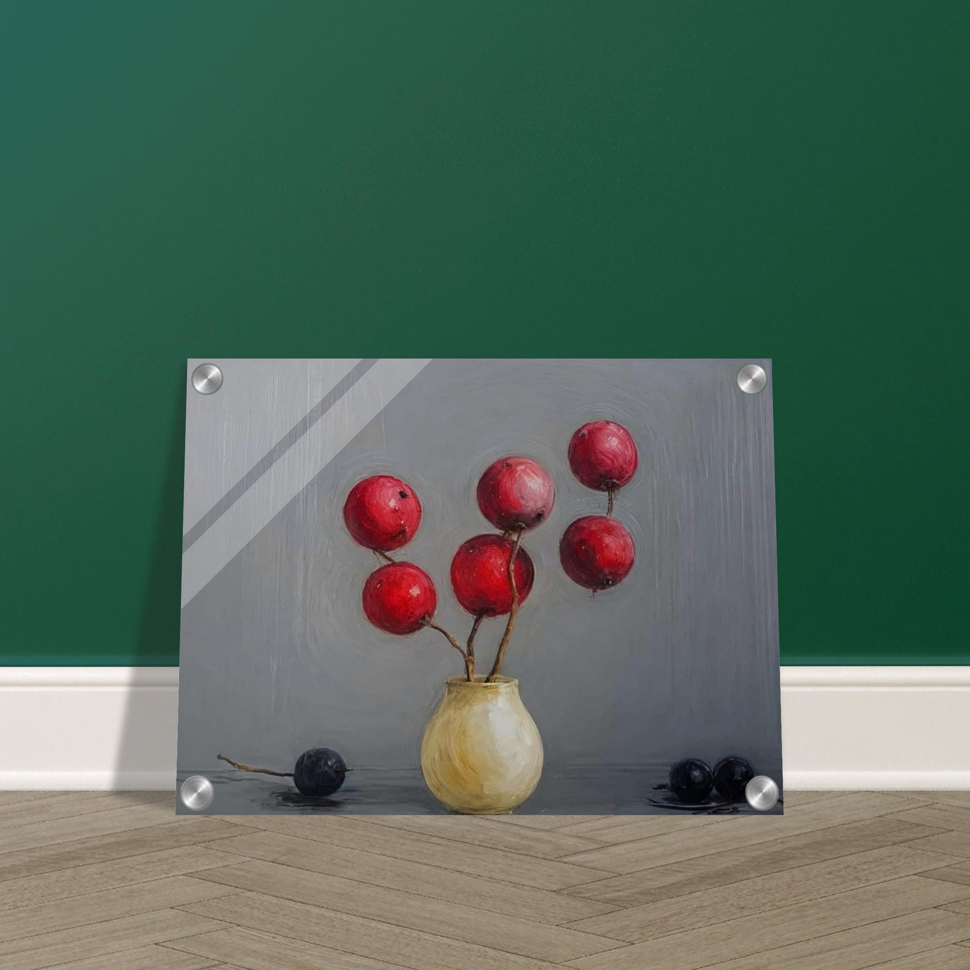 A minimalist still life painting featuring red berries arranged in a small, round vase, set against a soft gray background, with two dark berries resting on the table.