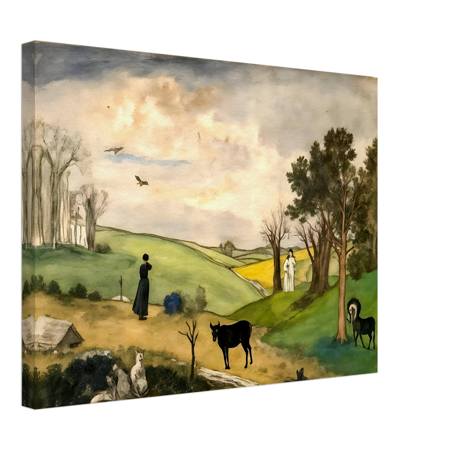 Figures, horses, birds, and trees rest across rolling green hills beneath a soft cloudy sky.