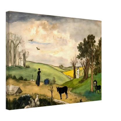 Figures, horses, birds, and trees rest across rolling green hills beneath a soft cloudy sky.