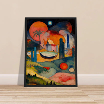 A surreal fantasy landscape featuring colorful geometric buildings, a small boat, rolling hills, glowing celestial spheres, and a palm tree beneath a dark starry sky.