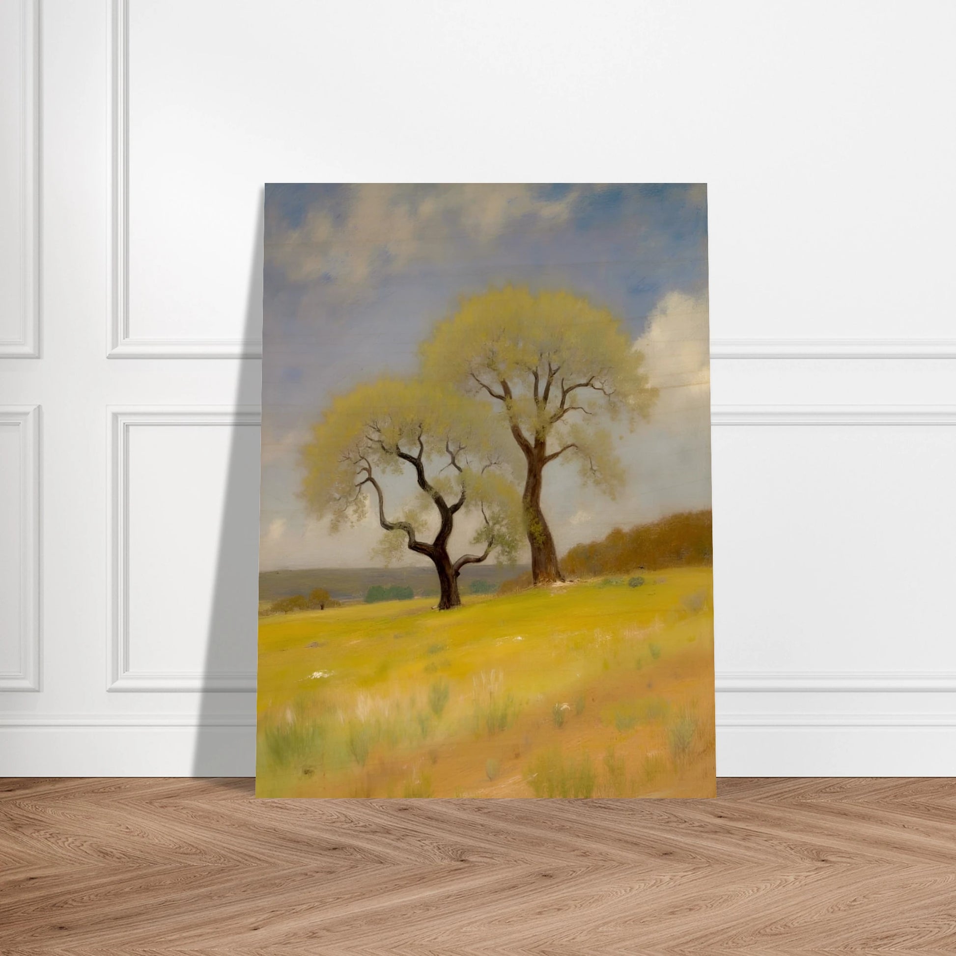 Two softly curved trees rise from a sunlit yellow-green field under a partly cloudy blue sky, evoking peace and resilience.