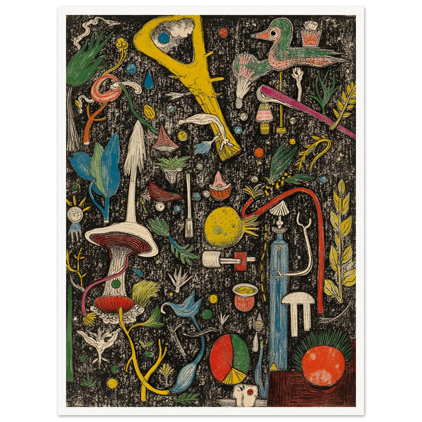 A dense and whimsical collage of surreal plants, tools, birds, and symbols scattered over a textured black background.