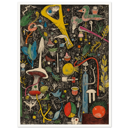 A dense and whimsical collage of surreal plants, tools, birds, and symbols scattered over a textured black background.