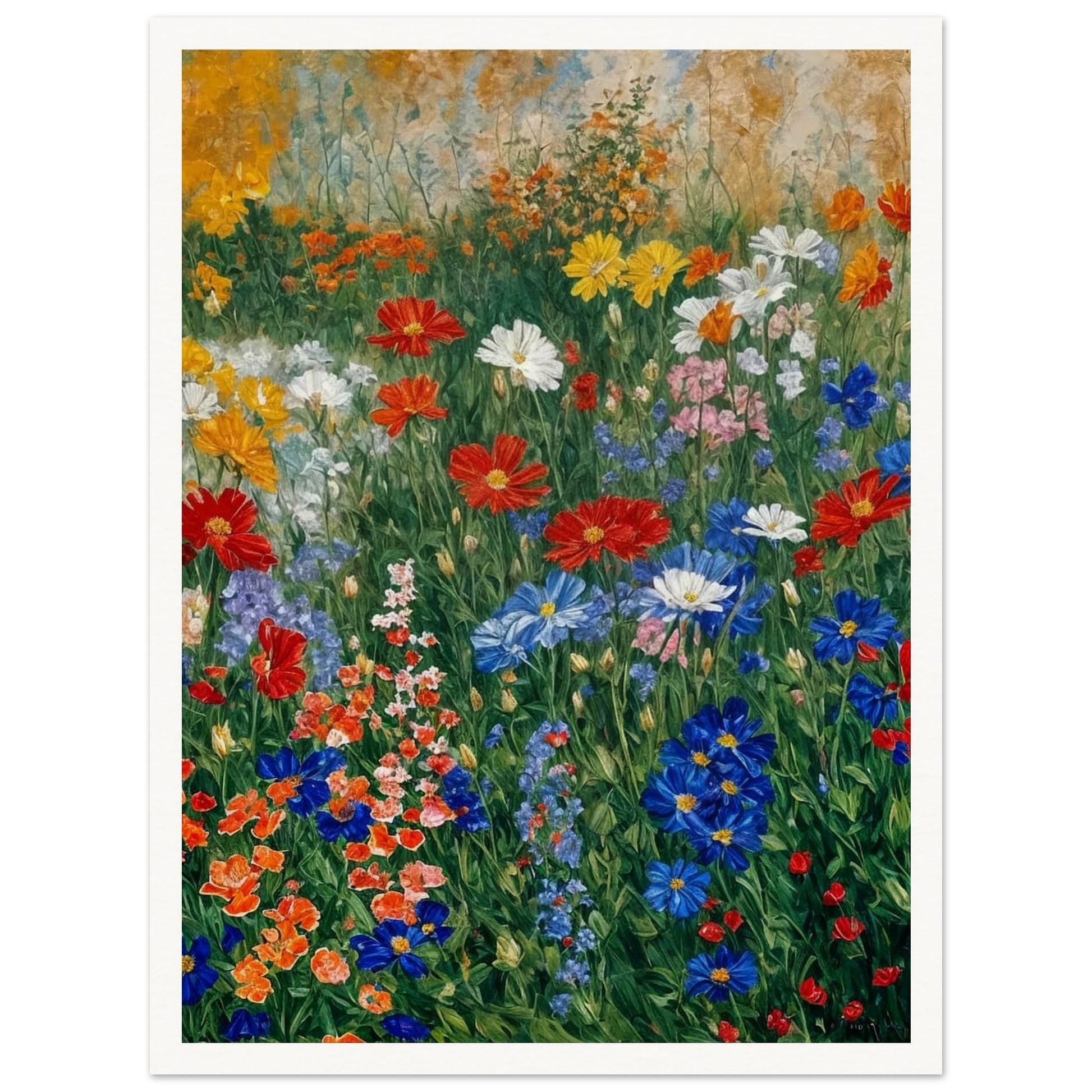 A lush, multi-colored floral garden in full bloom, with a harmonious blend of reds, whites, and blues against a warm backdrop.