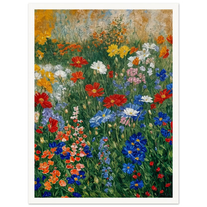 A lush, multi-colored floral garden in full bloom, with a harmonious blend of reds, whites, and blues against a warm backdrop.