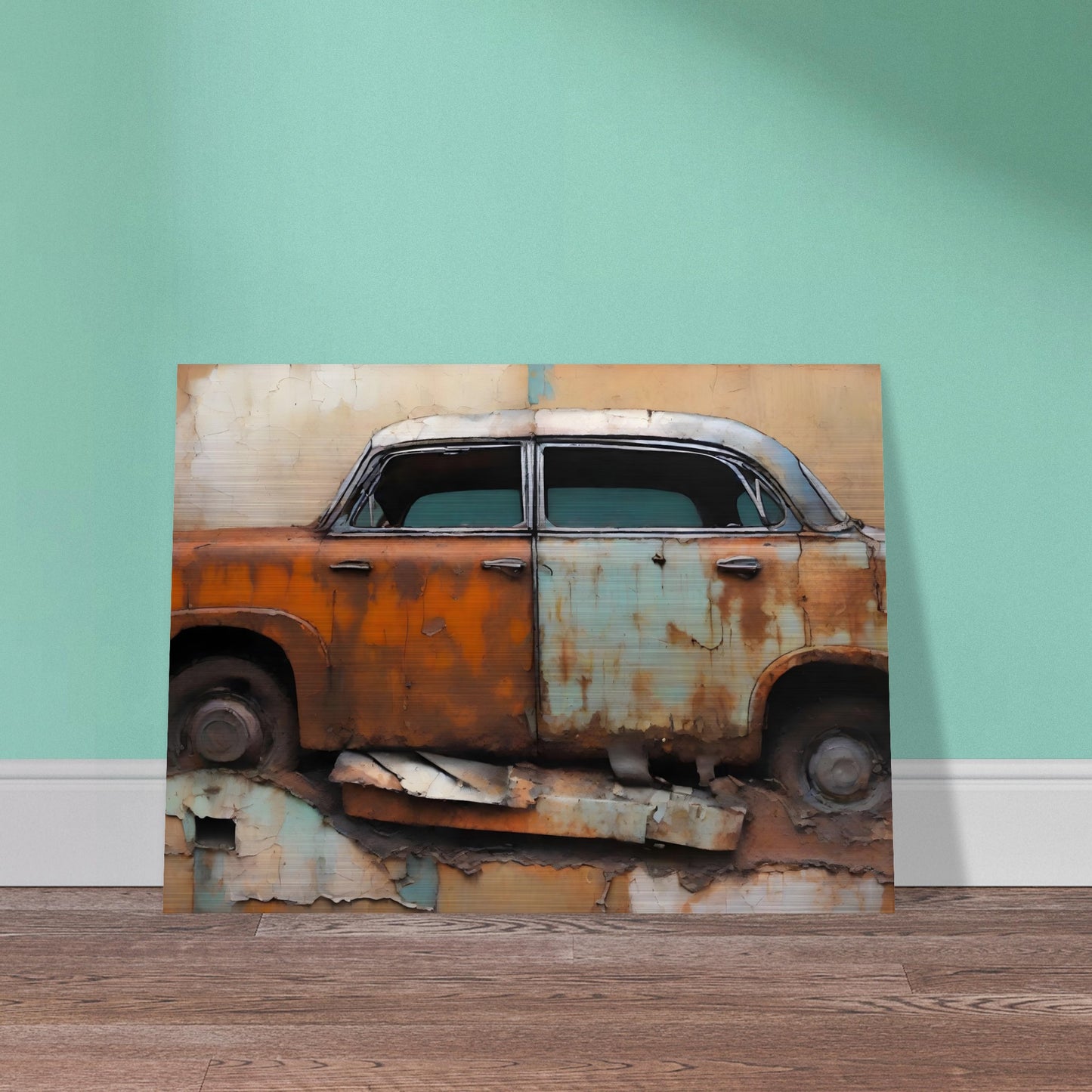 A captivating painting of a rusted vintage car with faded orange and blue paint, set against a textured and peeling wall background.