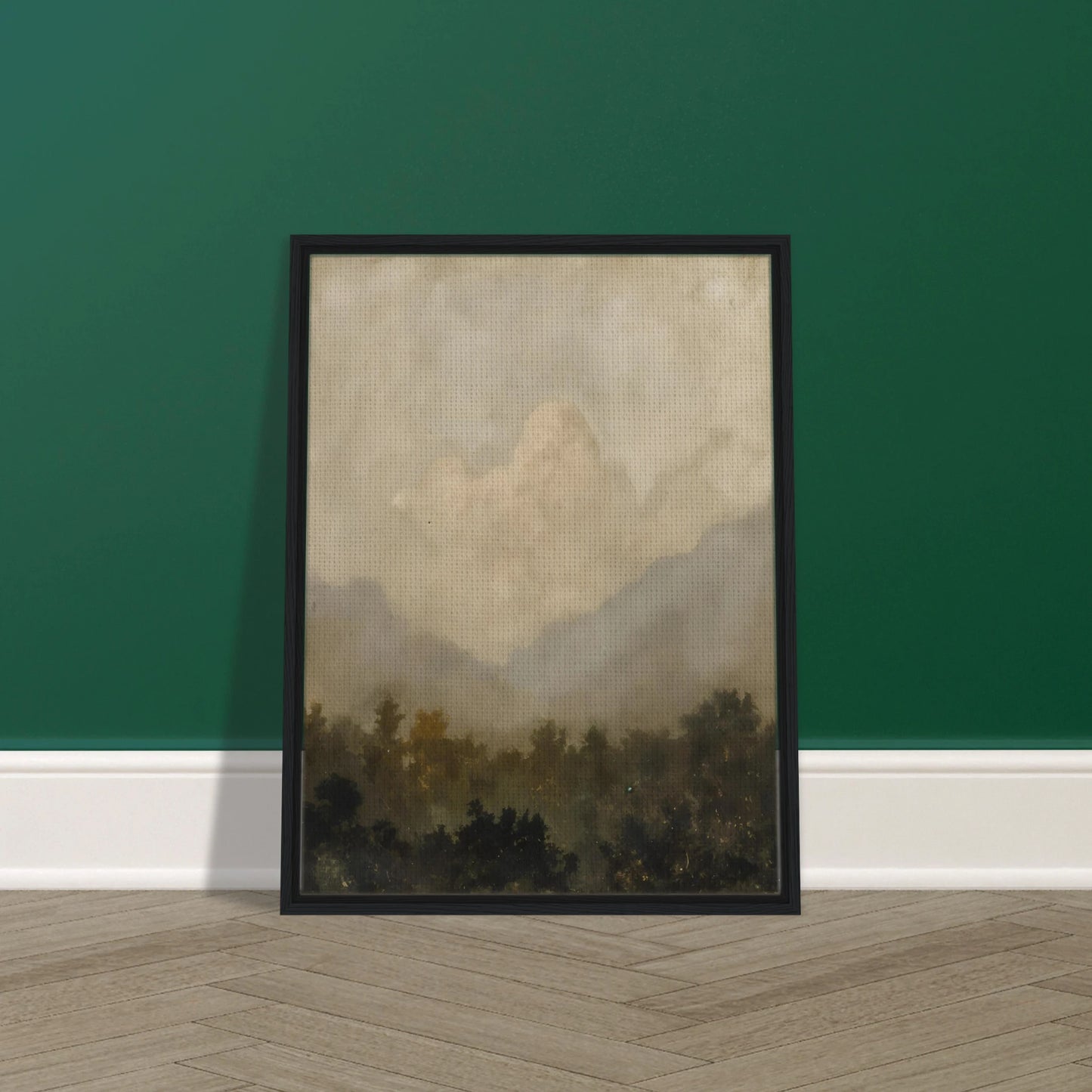 Soft clouds hover above a shadowy forest, evoking serenity and silence beneath a veil of golden haze.