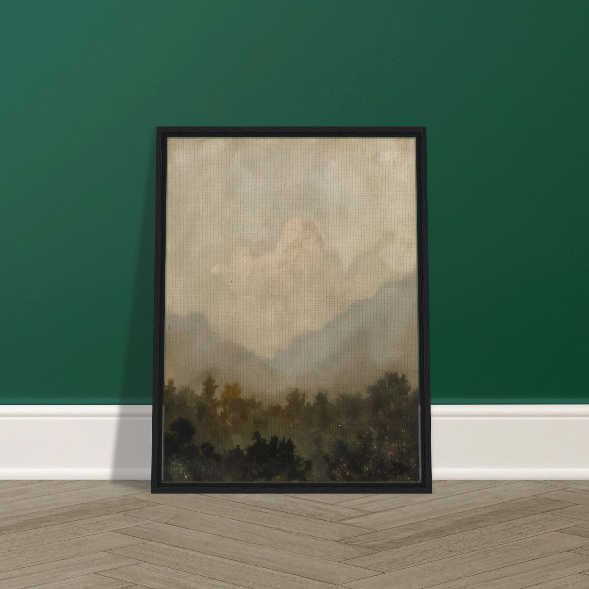 Soft clouds hover above a shadowy forest, evoking serenity and silence beneath a veil of golden haze.