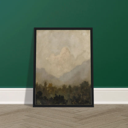 Soft clouds hover above a shadowy forest, evoking serenity and silence beneath a veil of golden haze.