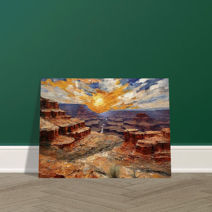 "A dramatic painting of a canyon at sunset, with layers of rocky red cliffs and a radiant golden sun casting light across the vast landscape."
