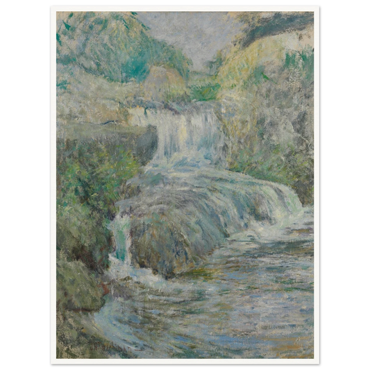 Soft impressionist waterfall flows through green and blue woodland under misty light.