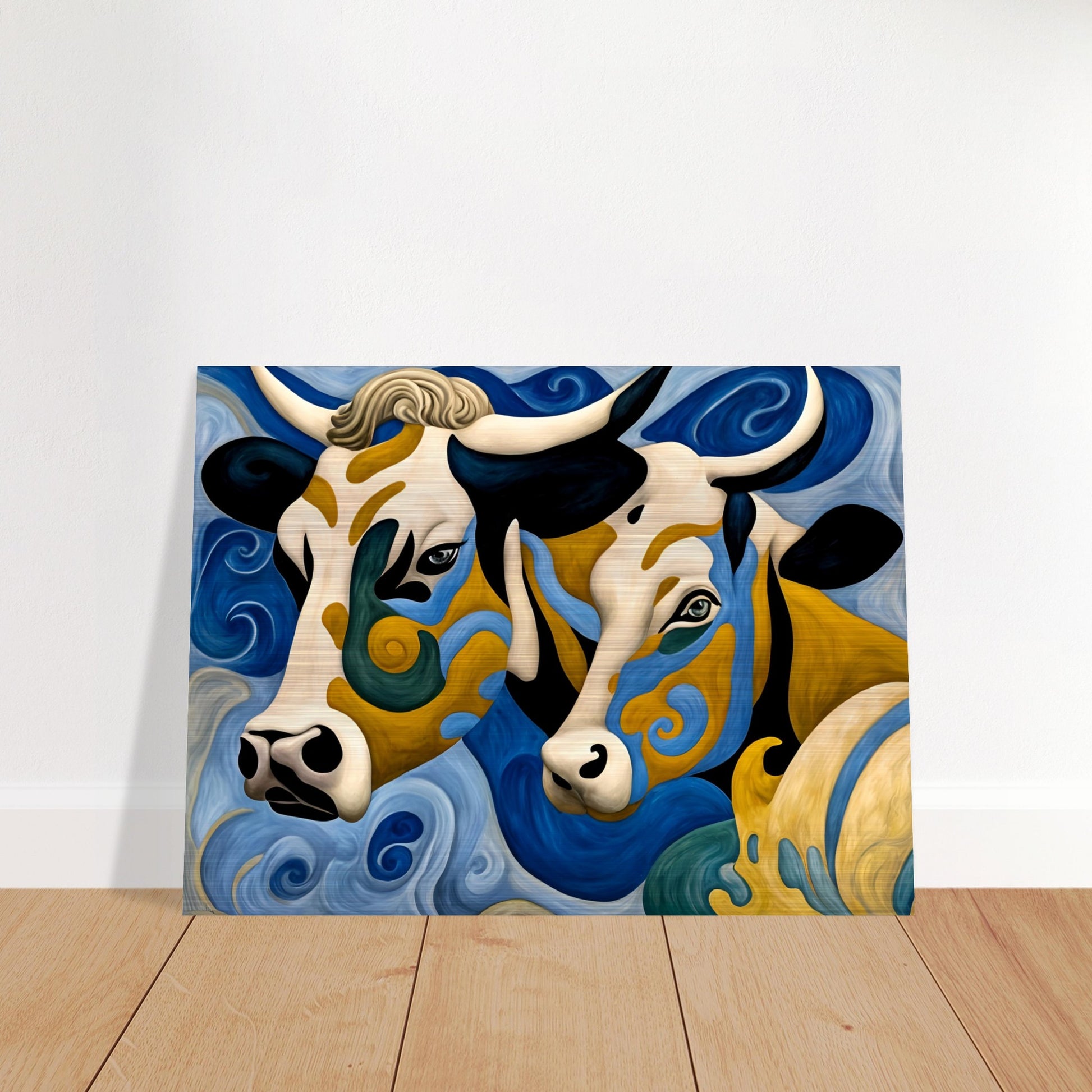 A surreal painting of two cows with intricate swirling patterns of blue, gold, and black, blending into a flowing, dreamlike background.