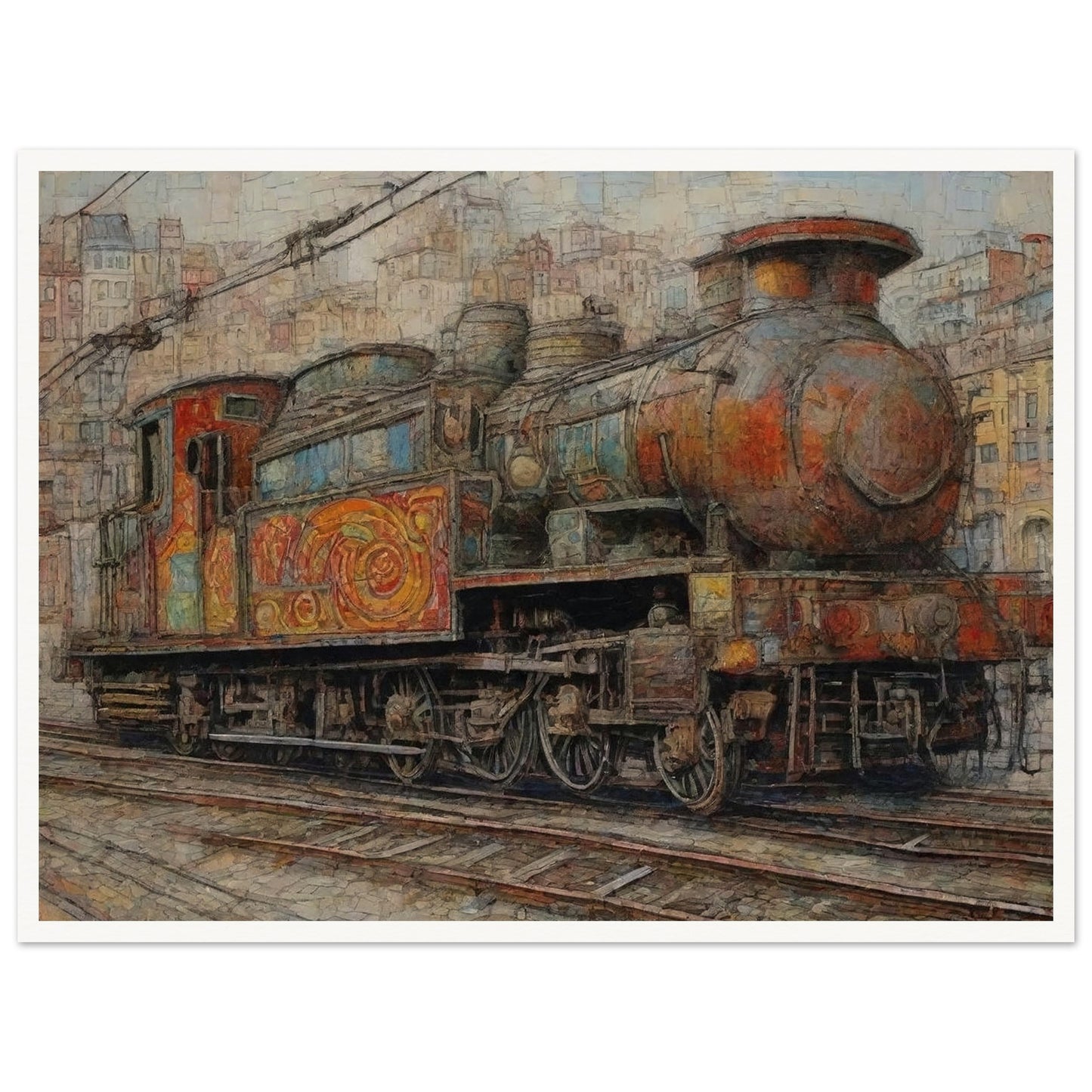 "A detailed painting of a colorful, weathered steam locomotive in an urban setting, showcasing intricate patterns and a sense of nostalgia for vintage travel."