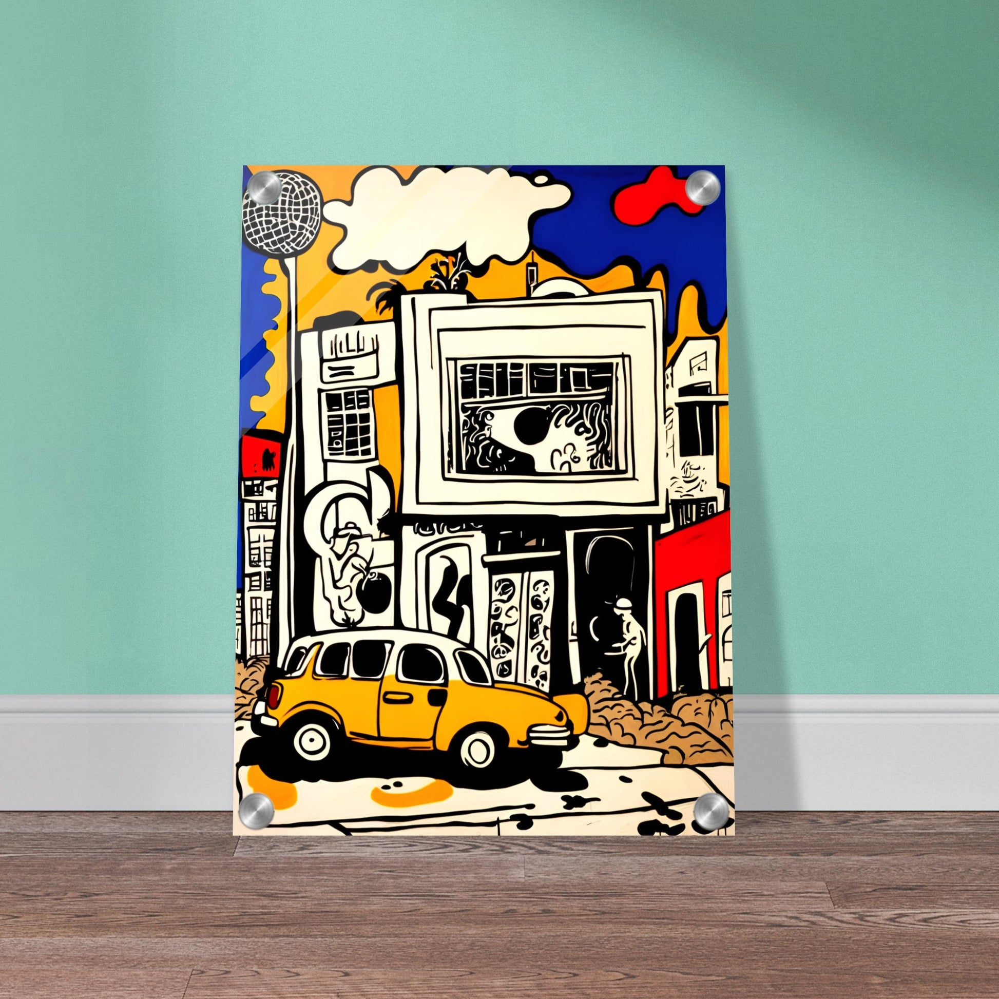 A vibrant city scene with a bold yellow car, abstract buildings, and dynamic urban elements in pop-art style with strong black outlines.