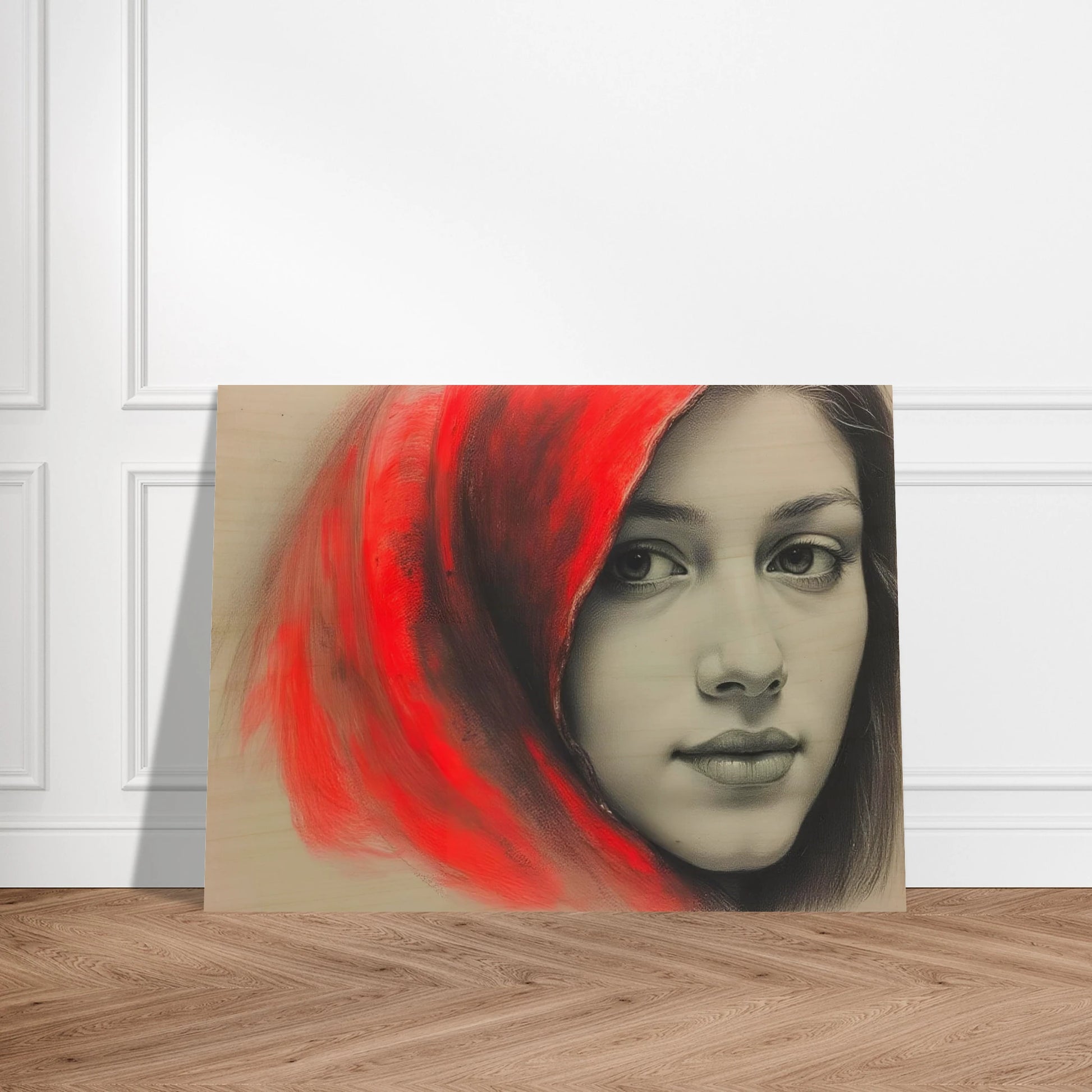 A soft portrait of a young woman draped in a vivid red hood, her calm gaze contrasting with the fiery energy surrounding her.