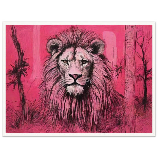 A striking painting of a lion with a majestic mane set against a vivid pink background, capturing the animal's regal presence.