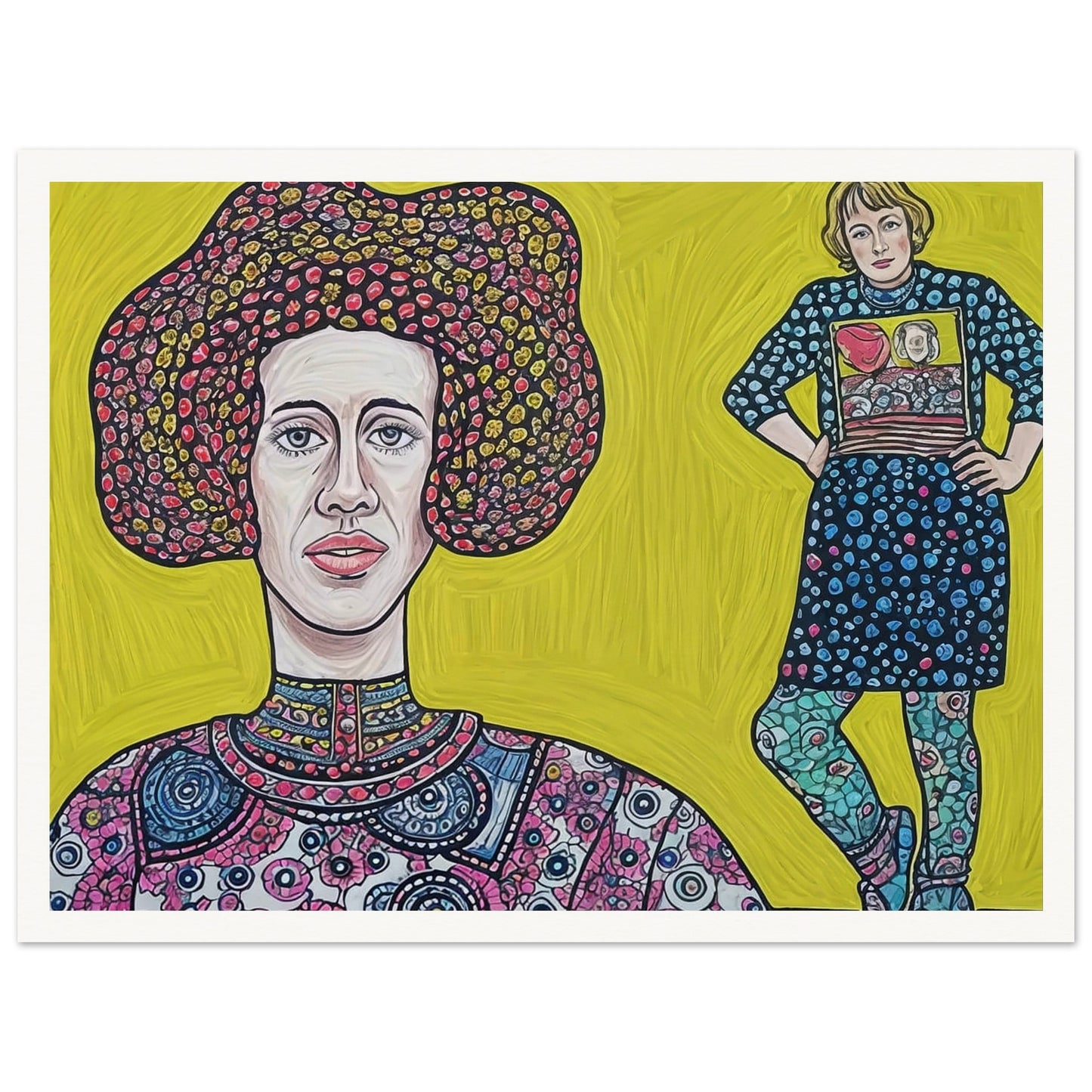 A colorful dual portrait painting featuring two women in patterned clothing against a bright yellow background.