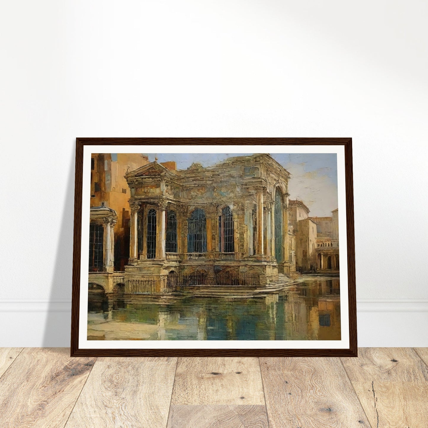 A grand, classical building with intricate columns and large windows, reflected in the calm waters of a historic European cityscape.