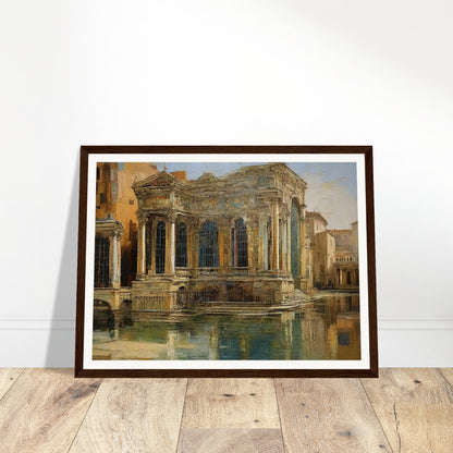 A grand, classical building with intricate columns and large windows, reflected in the calm waters of a historic European cityscape.