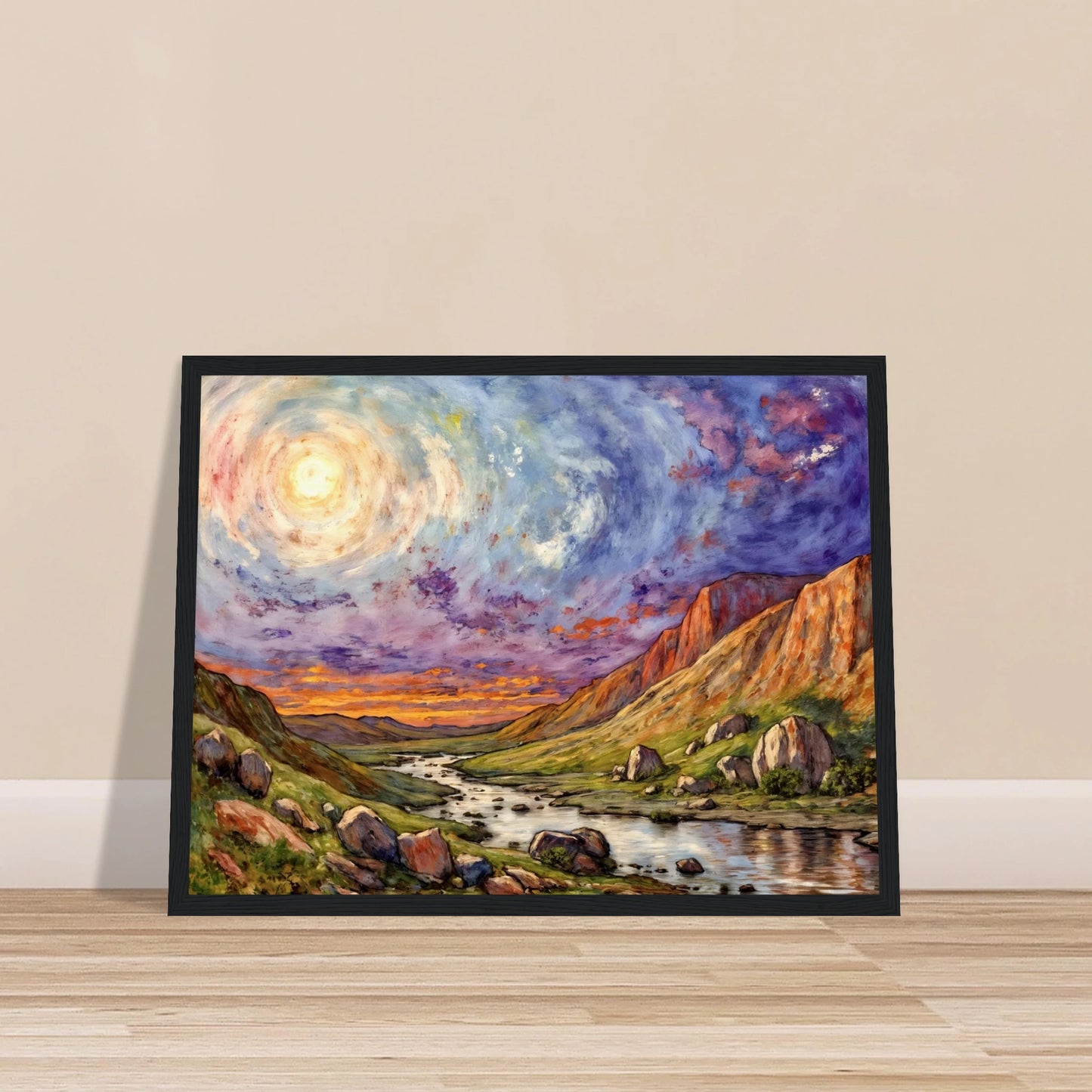 Luminous swirling sky above a rugged canyon valley with winding river, glowing cliffs, and vibrant twilight tones in a dramatic landscape.