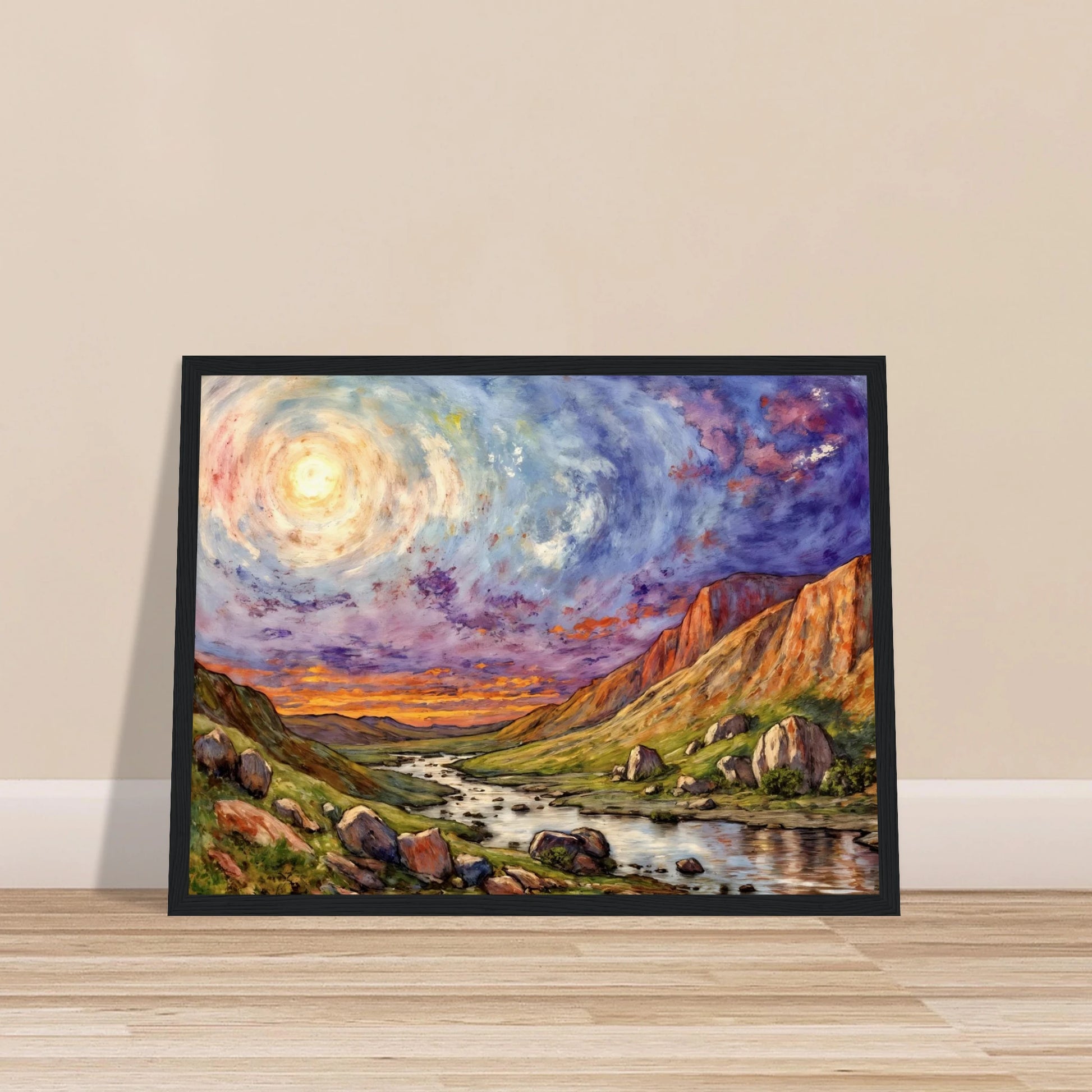 Luminous swirling sky above a rugged canyon valley with winding river, glowing cliffs, and vibrant twilight tones in a dramatic landscape.