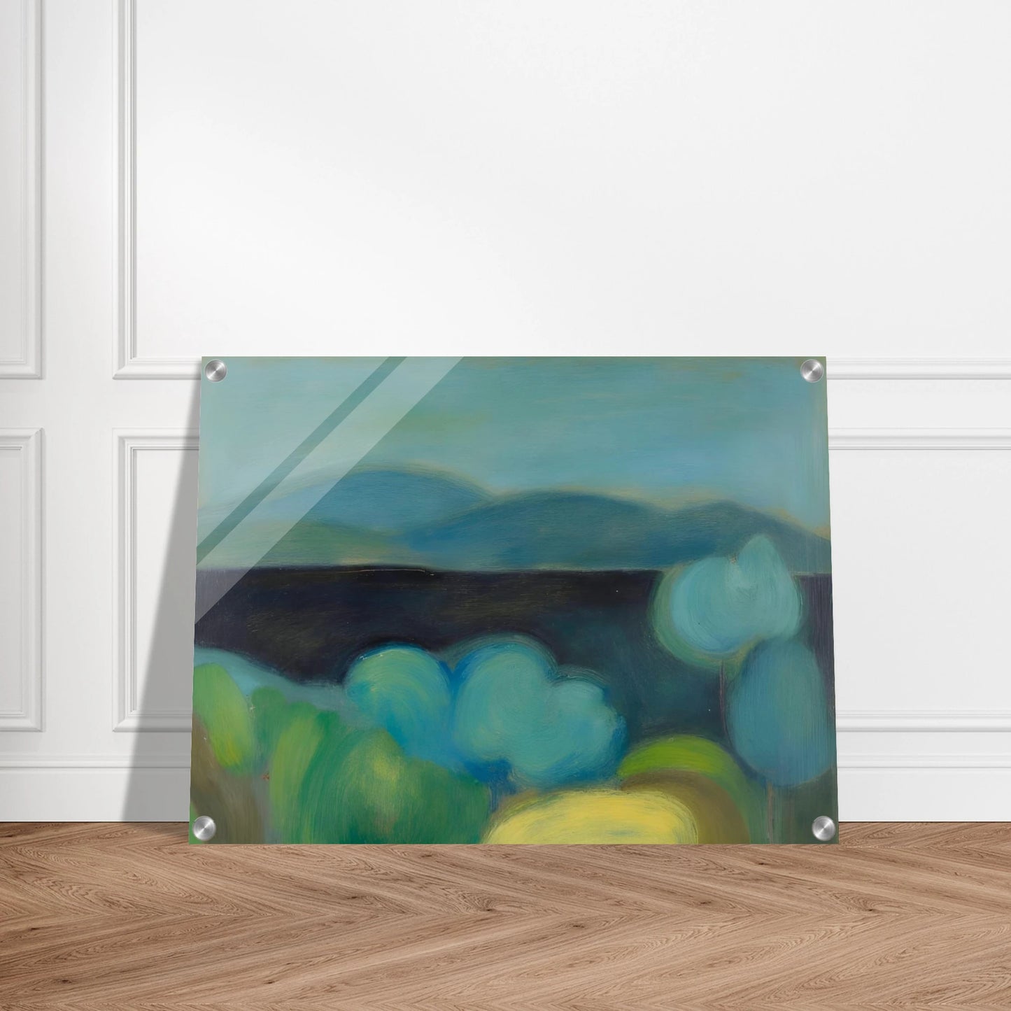 Soft blue hills rise beyond rounded trees and lush fields, creating a tranquil landscape bathed in cool light.