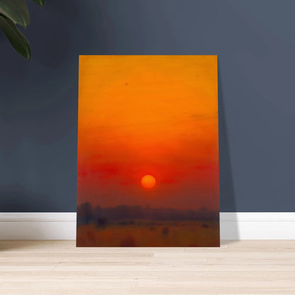 A golden-orange sunset over a hazy horizon, with the sun glowing in a vivid red and amber sky.