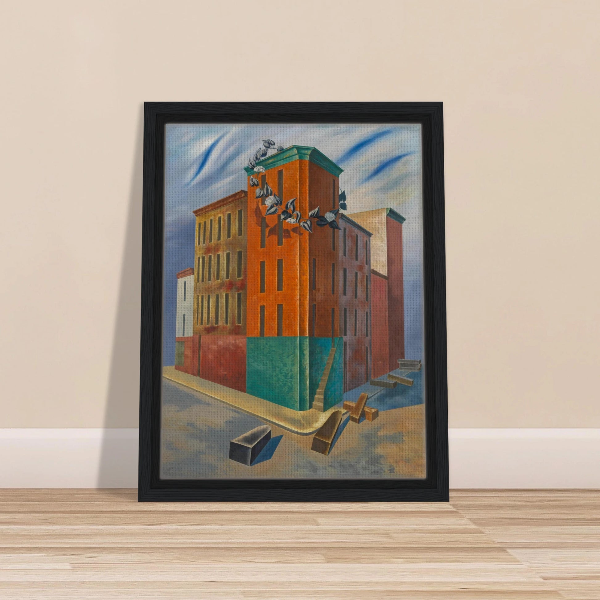 Colorful tenement buildings rise over an empty street with scattered blocks and a flowering vine beneath a blue sky.