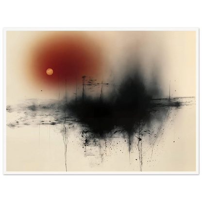 Black ink horizon with red sun and small gold moon on a cream field, with fine lines and splatters.