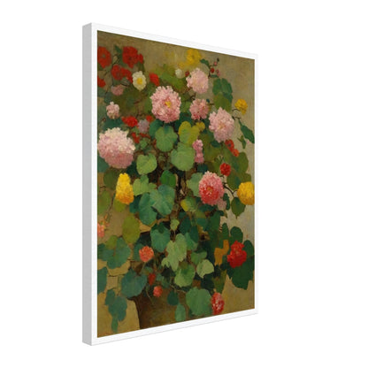 A lush painting featuring a variety of colorful flowers in full bloom, with green leaves in the background.